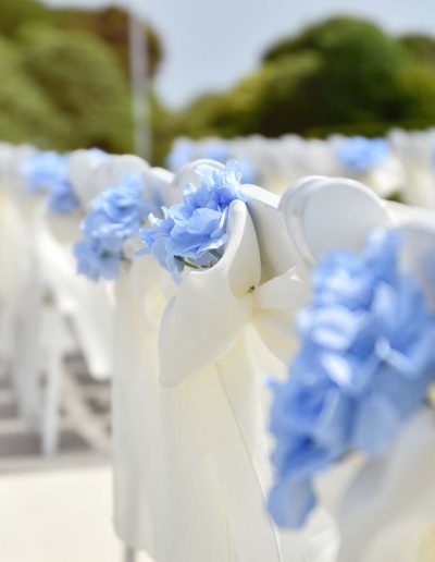 Blue wedding chair decorations on the Coastal Terrace