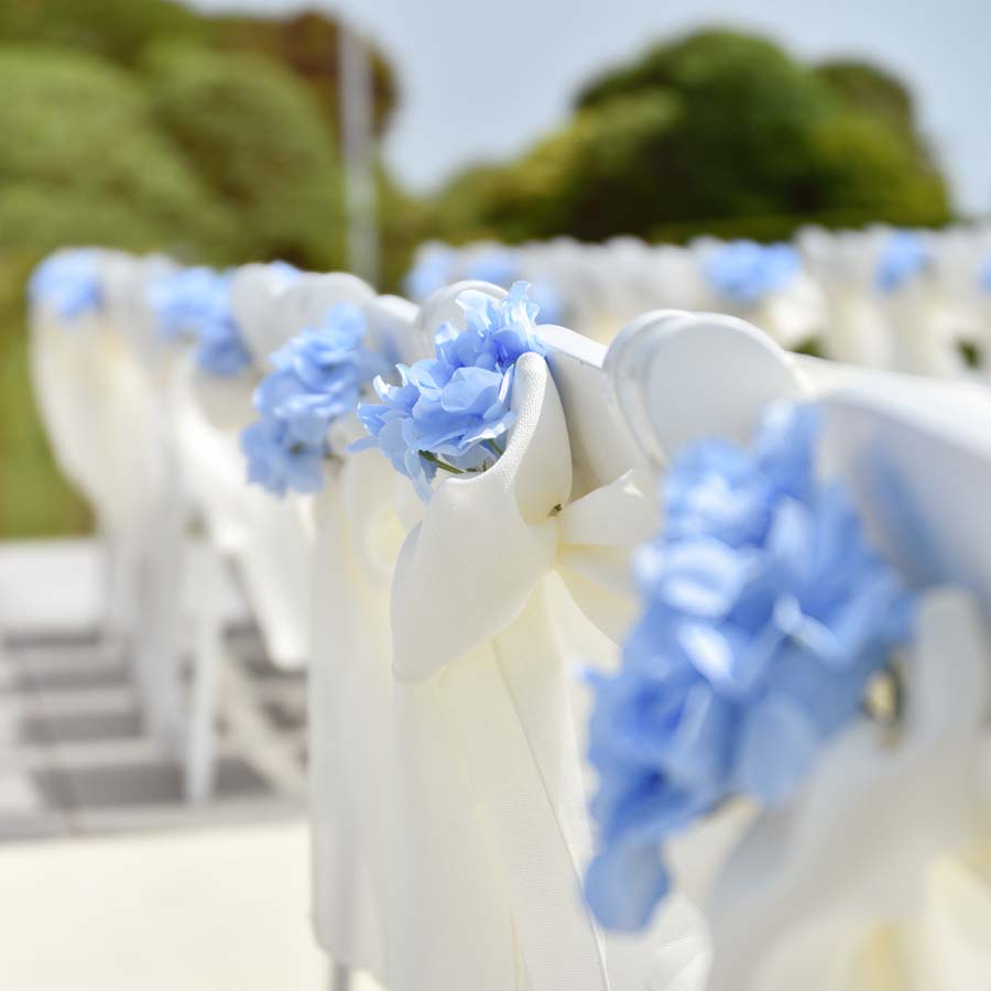 Blue wedding chair decorations on the Coastal Terrace