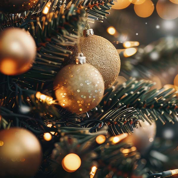 Christmas decorations hanging on a tree