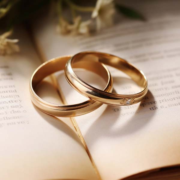 Two wedding rings on the pages of an open book